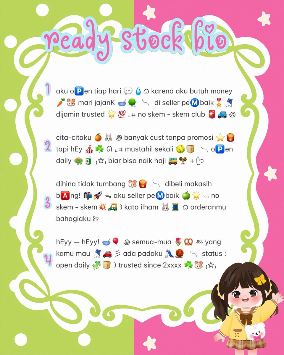 edenlunelle's tweet photo. help repost? thankyou ! 🍏🥖𓂅

hellOu s🅾️bat, luNe hadir membawa wording promosi yang bisa ditake only 5.5OOO coin dan bio wording kidcore / jamet / cute / windah yang bisa ditake only 3.5OOO coin. take bundle dapet diskon Yhh. ⭐️_____⭐️

#zonauang #zonaba https://t.co/9ro4io7USY