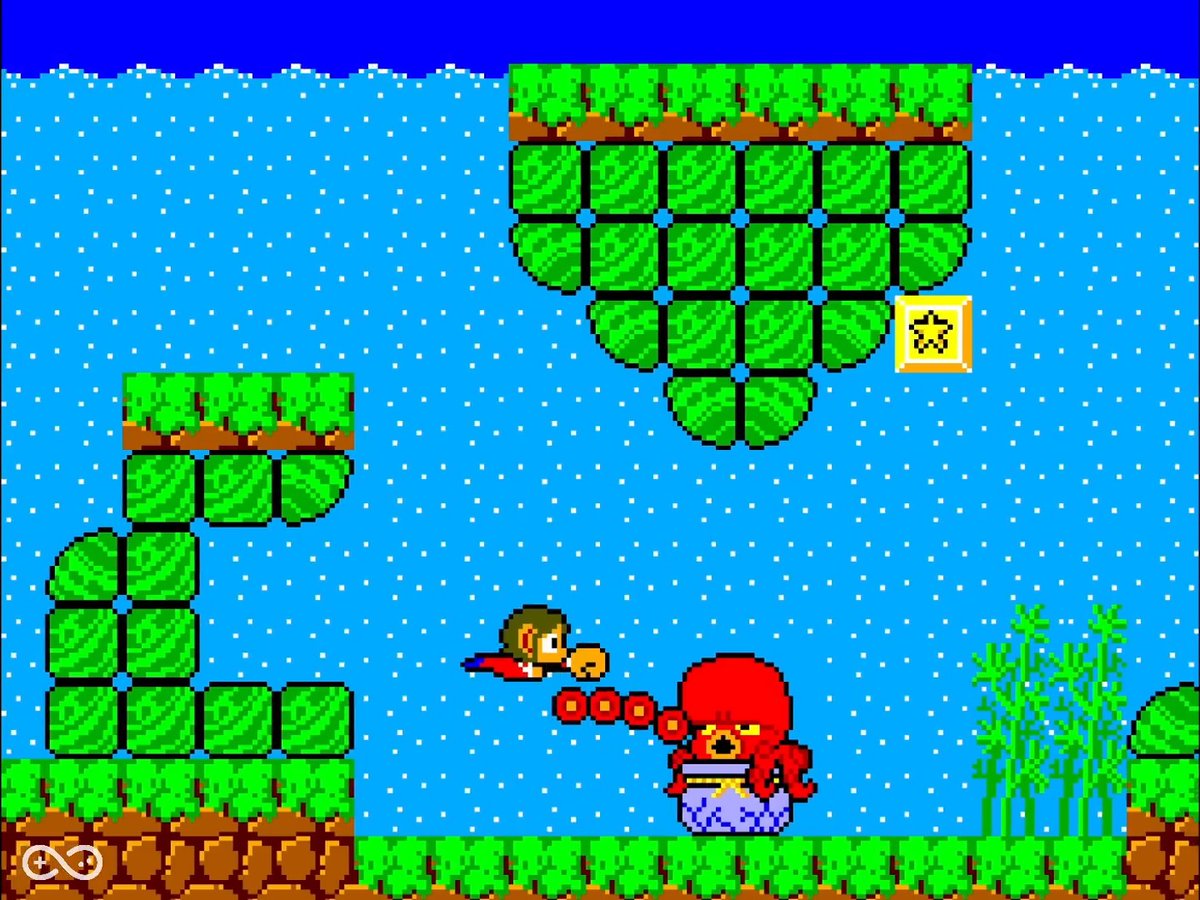 A retro video game screenshot shows a character confronting a red octopus enemy in a pixelated blue ocean setting, with green platforms and a gold star item block above. The scene illustrates the octopus boss encounter referenced in the caption, where the creature "hides a secret" in level 3 of Alex Kidd in Miracle World (Master System, Sega, 1986).
