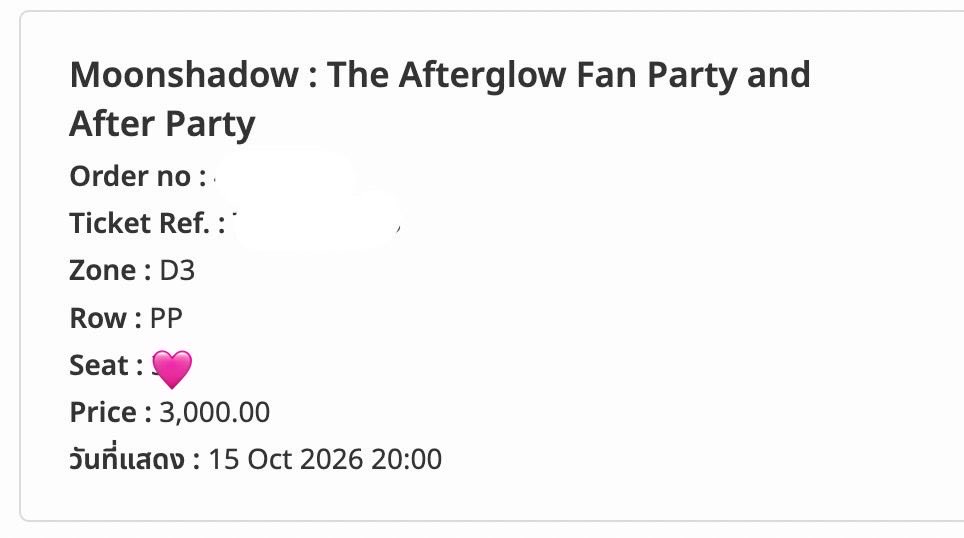 softfaly's tweet photo. WTS :  Moonshadow : The Afterglow Fan Party and After Party

📌เพื่อนฝากขาย
⏳ 15/10/26
🎫 หน้าบัตร 3,000
zone :  D3 / Row : PP 
ปล่อย 3,500฿ 

นัดรับได้ค่ะ 
📍สยาม, CTW

สนใจDM ค่ะ ✨

#MoonshadowSeries https://t.co/akb2twbT1H