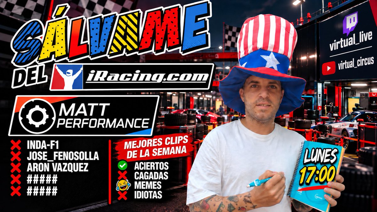 virtual_circus's tweet photo. Mañana vuelve Sálvame del #iracing
Esta vez reaccionando con la esperanza
de dejar atrás los strikes. He de confesar ,
que aun no he empezado y ya me está
dando pereza preguntarme cuanto tiempo
seremos capaz de mantenerlo vivo 😂😂
Pero , ¿ por qué no volver a intentarlo ? 🤷‍♀️ https://t.co/esAe5eccNy