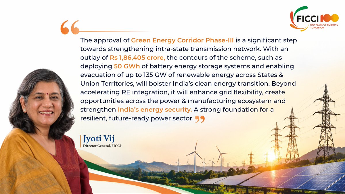 ficci_india's tweet photo. The approval of Green Energy Corridor Phase-III is a significant step towards strengthening intra-state transmission network. With an outlay of Rs 1,86,405 crore, the contours of the scheme, such as deploying 50 GWh of battery energy storage systems and enabling evacuation of up to 135 GW of renewable energy across States & Union Territories, will bolster India’s clean energy transition. Beyond accelerating RE integration, it will enhance grid flexibility, create opportunities across the power & manufacturing ecosystem and strengthen India’s energy security. A strong foundation for a resilient, future-ready power sector: Ms @jvij1967 , Director General, FICCI
