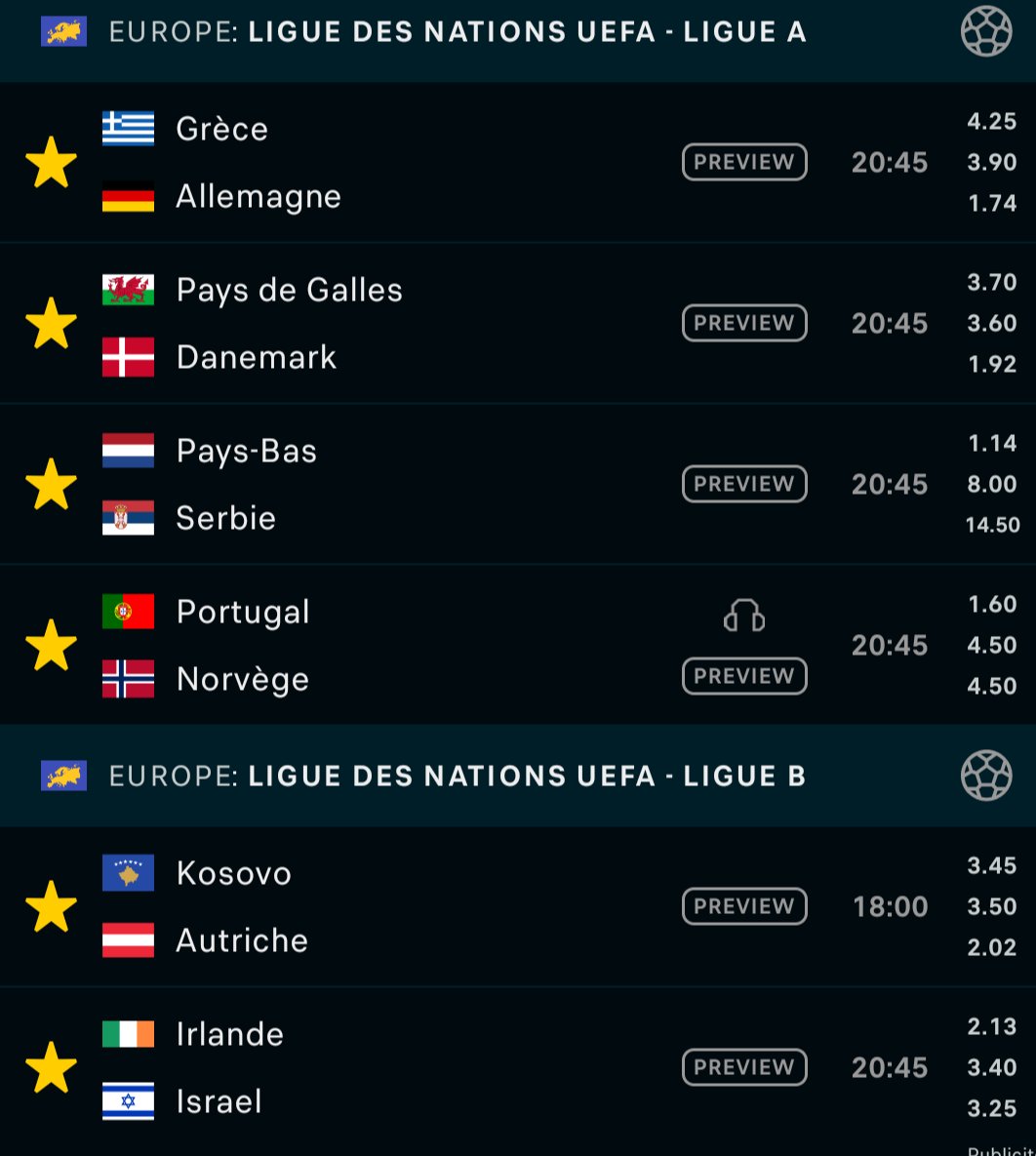 BetClem_'s tweet photo. 🎁 JEU CONCOURS 🎁 LIGUE DES NATIONS 🇪🇺🏆

POUR PARTICIPER 👇
1️⃣ Trouvez le nombre de buts des 6 matchs du jour (CF image).
2️⃣ Trouve un buteur.
Exemple :  17 buts + 🇳🇴 E. Haaland 
👉 RT ♻️/♥️
👉 Follow @BetClem_

2x10€ EN CASH À REMPORTER ! 💸

Une seule réponse acceptée par personne jusqu'à ce soir 18h00 🕕

Pour parier sur les matchs ce soir profite de 50% de ton 1er dépôt offerts en freebets jusqu'à 200€ +20€ en cash 🎁👇
https://t.co/yTDWeM6veJ

👉 Si plusieurs bonnes réponses TAS comme d'habitude.
#TeamParieur
