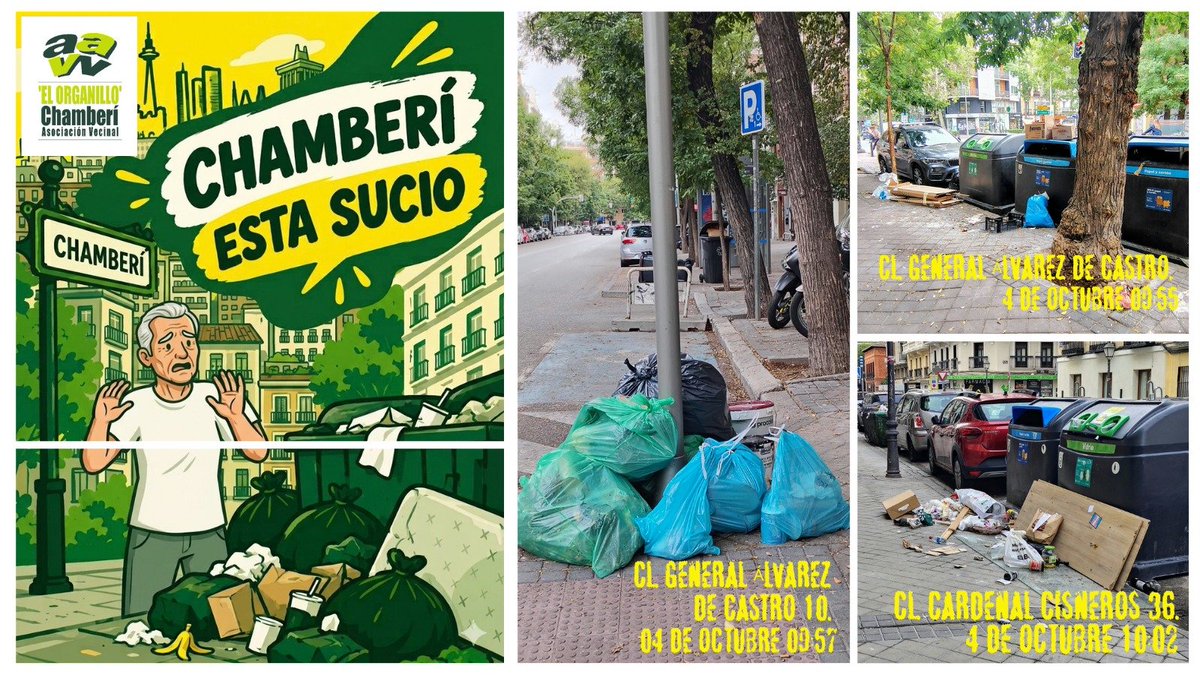 ElOrganillo's tweet photo. Chamberí merece calles limpias y cuidadas. Hoy, 4 de octubre, la dejadez es evidente en el distrito: bolsas en las aceras y desbordamiento en contenedores. 🛑🗑️
📍 Cl. General Álvarez de Castro
📍 Cl. Cardenal Cisneros
Cc: @MADRID
#ChamberiEstaSucio #ElBarrioEstaSucio https://t.co/sr504u13VQ