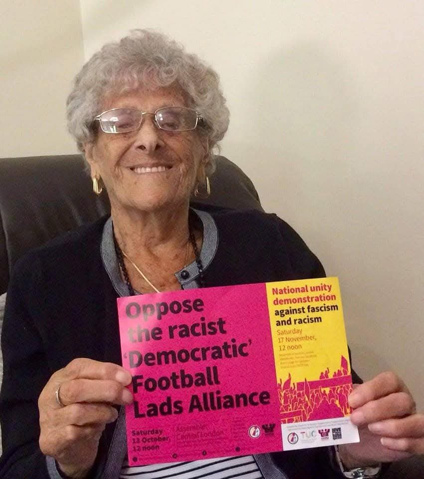 uaf's tweet photo. Many heroic people will be remembered at #CableSt90 today; for instance, Beatty Orwell who was terrific on the day &amp; here in 2018 still was!

Thanks to @LouiseRawAuthor for getting Beatty to reach out to later anti fascists!

@Searchlight_mag https://t.co/JLS4mhTISy
