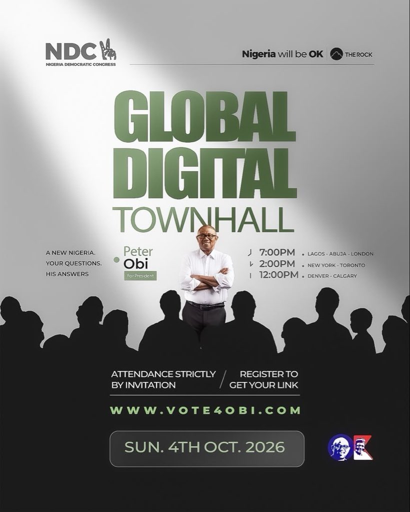 VictorManjul's tweet photo. His Excellency, Mr Peter Obi is hosting a Digital TownHall

Sunday, October 4, 2026

7:00 PM WAT/GMT| 
2 PM EST | 
12 PM MST

Attendance is by registration: https://t.co/bti4ISVZdT https://t.co/pg4NVG5seS