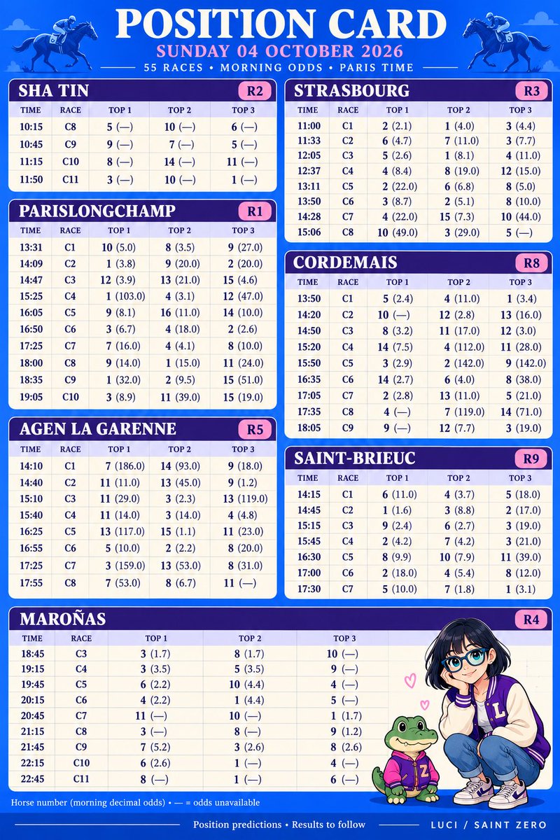 BeautifuKX's tweet photo. POSITION CARD โ 04 OCT ๐๐
55 races. Top 1 โข Top 2 โข Top 3.
Morning odds. Paris time.
Calling positions. Recording results.
#ParisLongchamp #HorseRacing #HorseRacingTips #SportsBetting #Betting #PMU #Turf #Pronostics #Web3 #NFT #LUCI #SaintZero @qb_string @Ultrathink00 https://t.co/tvwsCBfxS3
