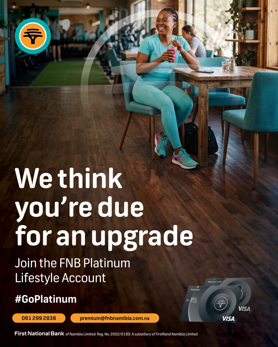 FNBNamibia's tweet photo. As an existing Gold you may qualify for an account that recognises your rise through dedicated banking support, digital convenience, rewards and lifestyle benefits. 

Contact us on 061 299 2838 or premium@fnbnamibia.com.na to check if you qualify. 

#GoPlatinum #FNBNamibia #HelpChangesEverything