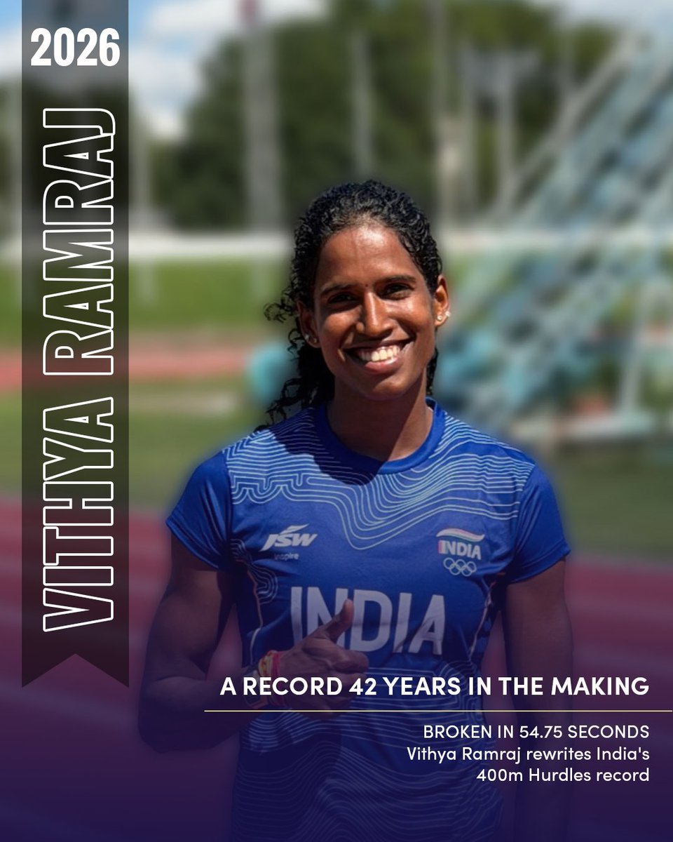 CBCNanded's tweet photo. Vithya Ramraj rewrote the Indian National Record in the 400m Hurdles with a time of 54.75 seconds, surpassing a mark that had stood for 42 years. 

 #BharatSetsNewRecords #AsianGames2026 #Cheer4Bharat 🇮🇳

@IndiaSports @YASMinistry https://t.co/M2jwxHYxZ0