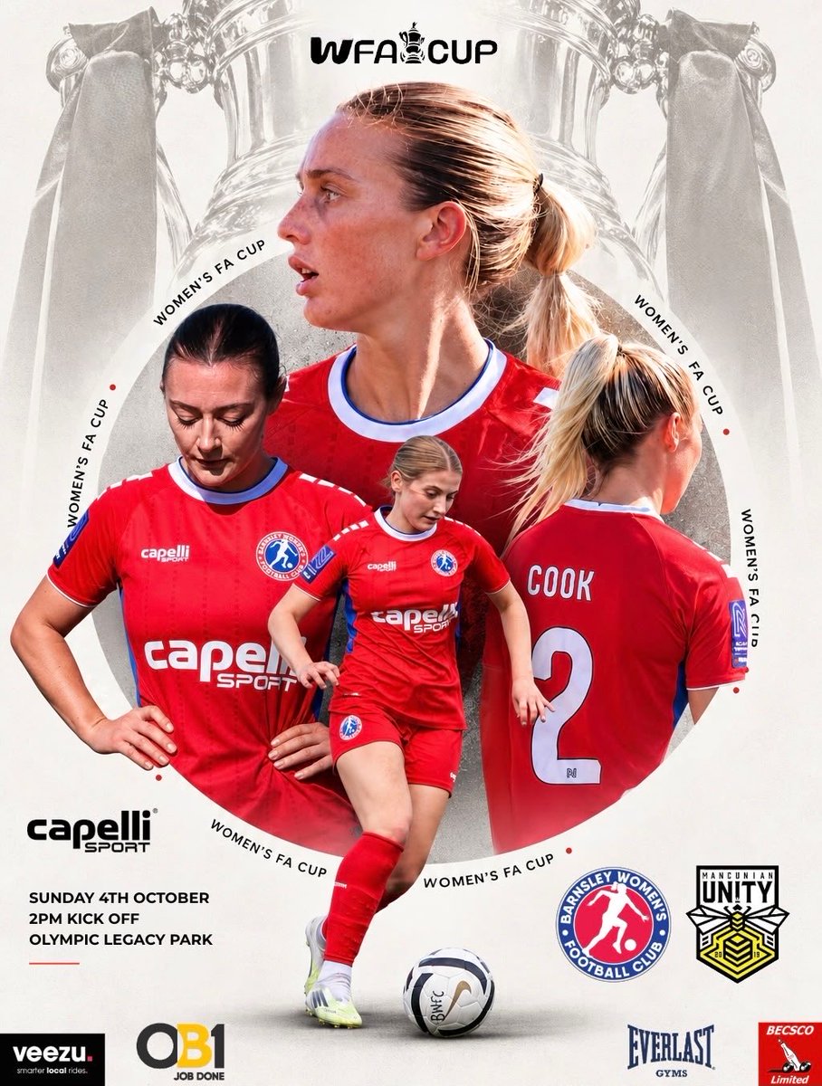 BarnsleyWFC's tweet photo. 🏆 THE FA CUP JOURNEY STARTS HERE. 🔴

Today we enter the Women’s FA Cup as we take on Mancunian Unity.

🗓️ Sunday 4th October 2026
🆚 @MancunianUnity 
🏟️ Steel City Stadium
⌚️ 2pm KO
🏆 @WomensFACup 3rd Qual Rd
🎟️ Adults £5 | Kids £2
🅿️ £1 fee charged for parking around Steel City Stadium

🎟️ Tickets are available through the link in our Linktree or can be purchased at the turnstile.

📸 Images and graphic courtesy of @TMVFootball 

#YouReds #BarnsleyWFC #BWFC #Matchday