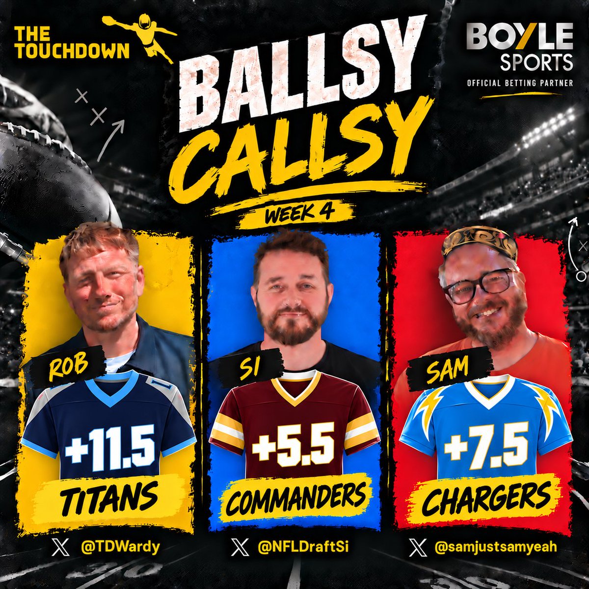 TheTouchdownNFL's tweet photo. 🏈 It's time for those Week 4 Ballsy Callsys! 🏈

🟡 @TDWardy: Titans to topple the Ravens? (+11.5)
🔵 @NFLDraftSi: Washington to win in London? (+5.5)
🔴 @samjustsamyeah: Chargers to sink the Seahawks? (+7.5)

BOYLE SPORTS OFFER:
💰 Bet £10 Get £30 in free bets
1⃣7⃣ Plus, get paid early if your team goes 17+ points ahead!

👉 https://t.co/vzNX4YWclb

Got a BALLSY CALLSY of your own? Get it in the comments below! 👇

#Ad | 18+ | New Customer Offer | T&C’s Apply | https://t.co/reUhg7iaEE | BET Responsibly