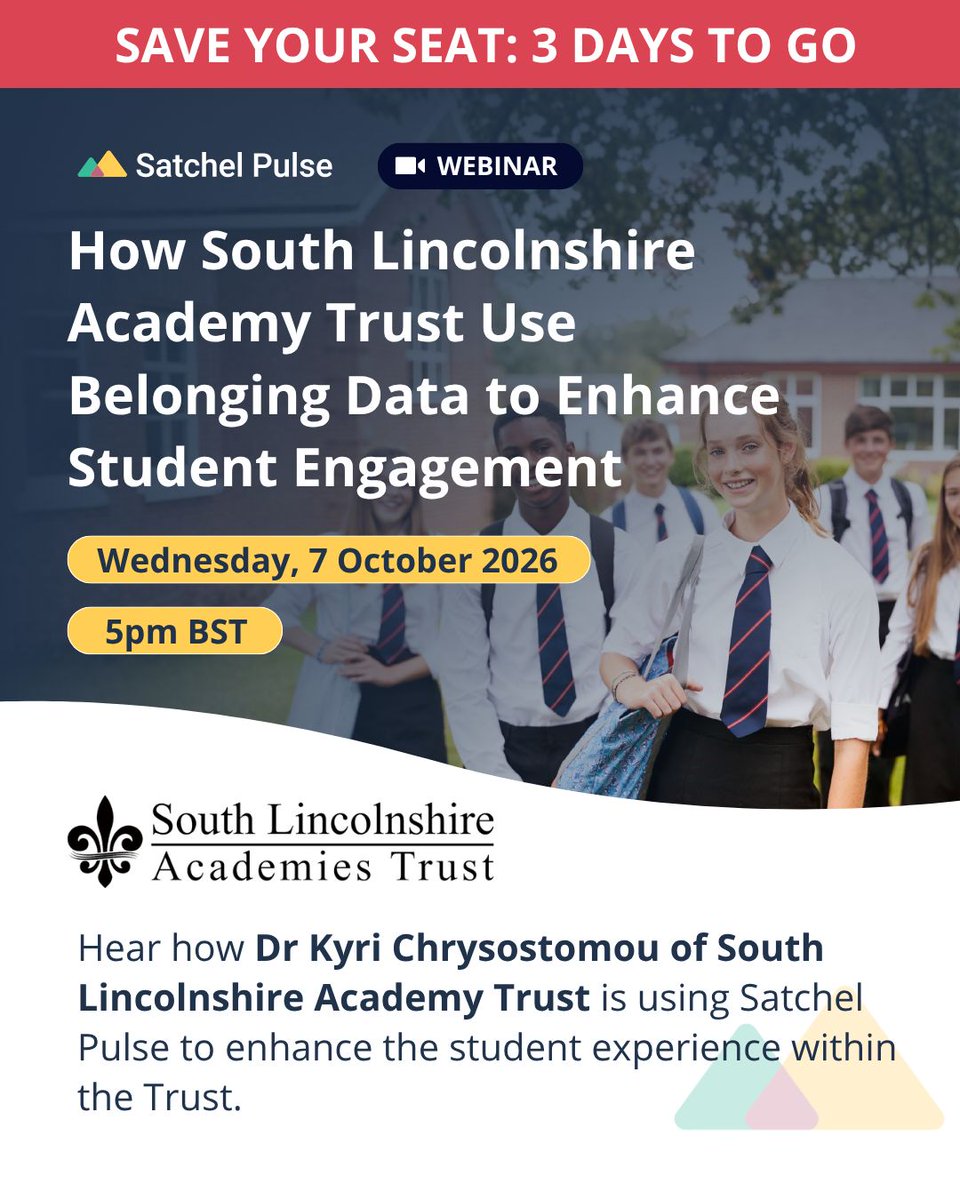 Team_Satchel's tweet photo. Just 3 days to go!

Belonging data is one thing. Knowing how to use it to inform decisions is another.

In our upcoming webinar, you'll hear directly from Dr Kyri Chrysostomou of South Lincolnshire Academy Trust about how the Trust is using Satchel Pulse to understand the student https://t.co/CH35flRUX9