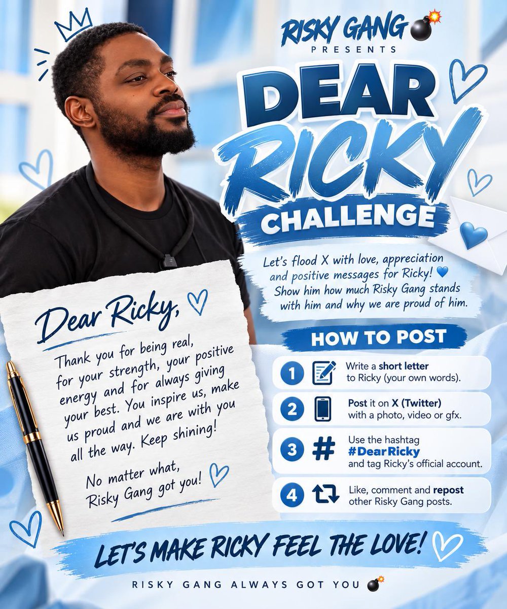 RICKY_JUMBO002's tweet photo. RISKY GANG 💣

Thank you for standing with Ricky, believing in him and supporting him every step of the way. We appreciate every single one of you! ❤️

💌 THE DEAR RICKY CHALLENGE STARTS NOW!

Write a short letter to Ricky, tell him what you love about him, your favourite moment, or simply what this journey with him has meant to you.

Start with: “Dear Ricky…” ❤️

DEAR RICKY 
PATRICK JUMBO

#DearRicky #RiskyGang #BBNaija