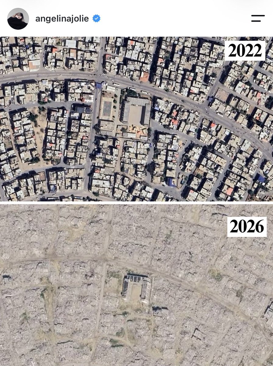pusholder's tweet photo. Angelina Jolie’nin Gazze paylaşımı:

"Artık Google Earth'ü açıp Gazze'ye ne yapıldığını görebilirsiniz. Mahalleler enkaza döndü.

Evler, okullar, hastaneler ve altyapı zarar gördü veya yok edildi." https://t.co/TKqxnrmFcE