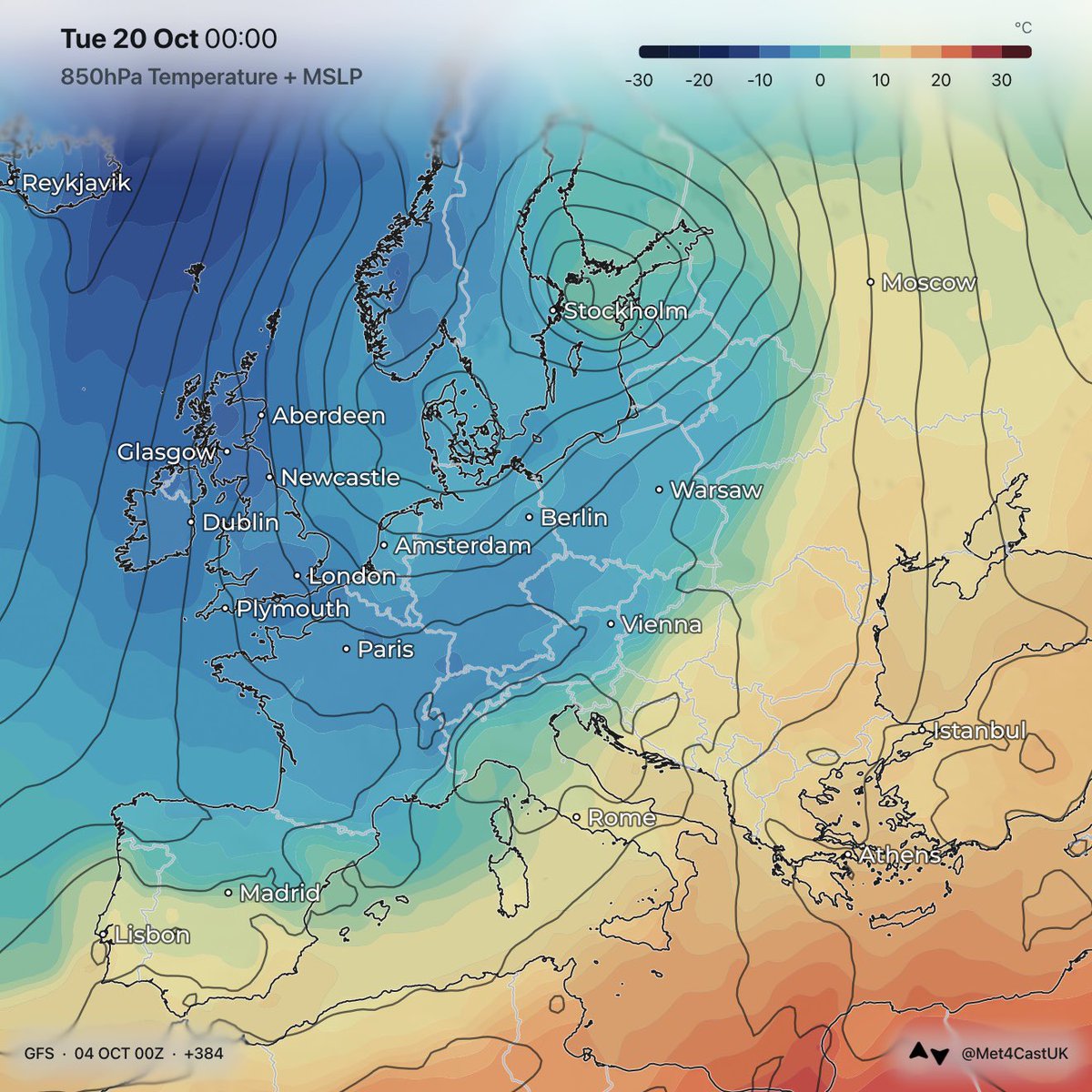 Met4CastUK's tweet photo. The first silly chart of the season goes to the GFS with this unseasonably cold northerly right at the end of the run. 

Unlikely to verify of course, it’s a long, long way off. https://t.co/ZT0UNL7Ysr