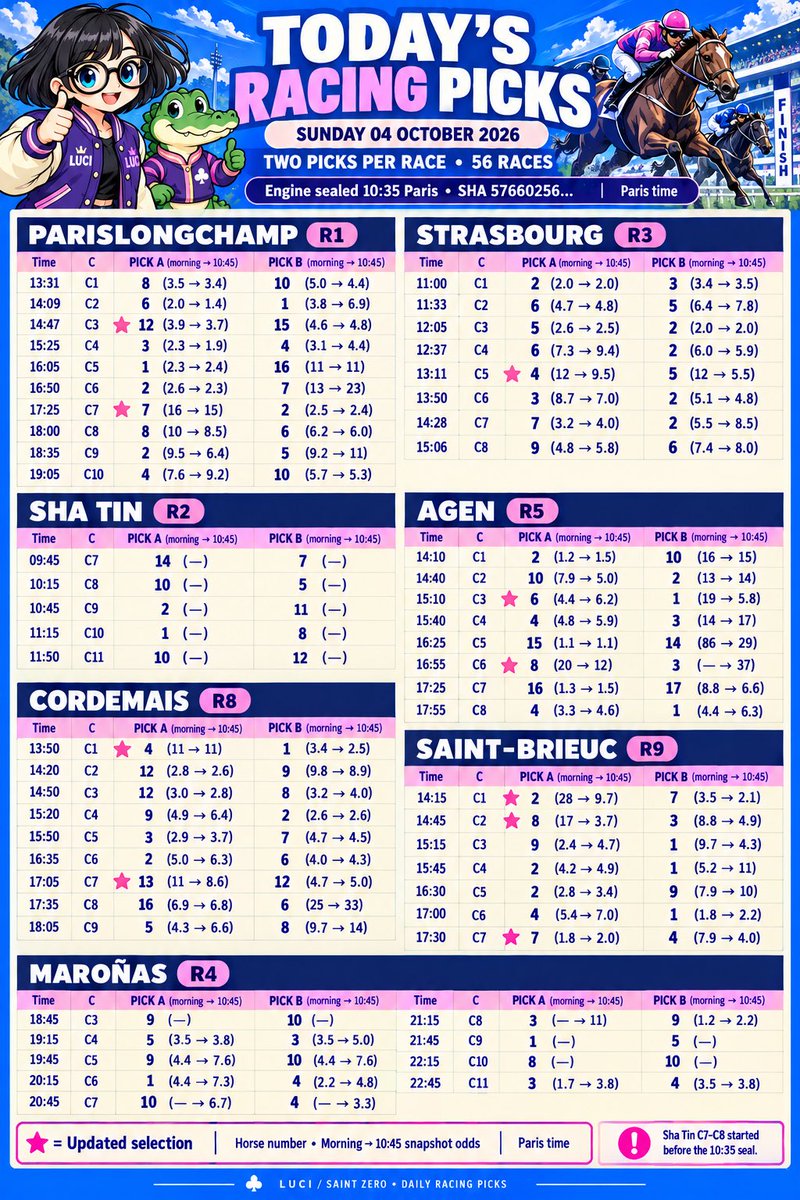 BeautifuKX's tweet photo. TODAYโS RACING PICKS ๐๐
04 OCT โข 56 races โข Two picks per race.
Morning โ 10:45 odds. Paris time.
Includes 2 pre-seal races.
#ParisLongchamp #HorseRacing #RacingTips #SportsBetting #Betting #PMU #Turf #Pronostics #Web3 #NFT #LUCI #SaintZero https://t.co/ay4b32MzIJ