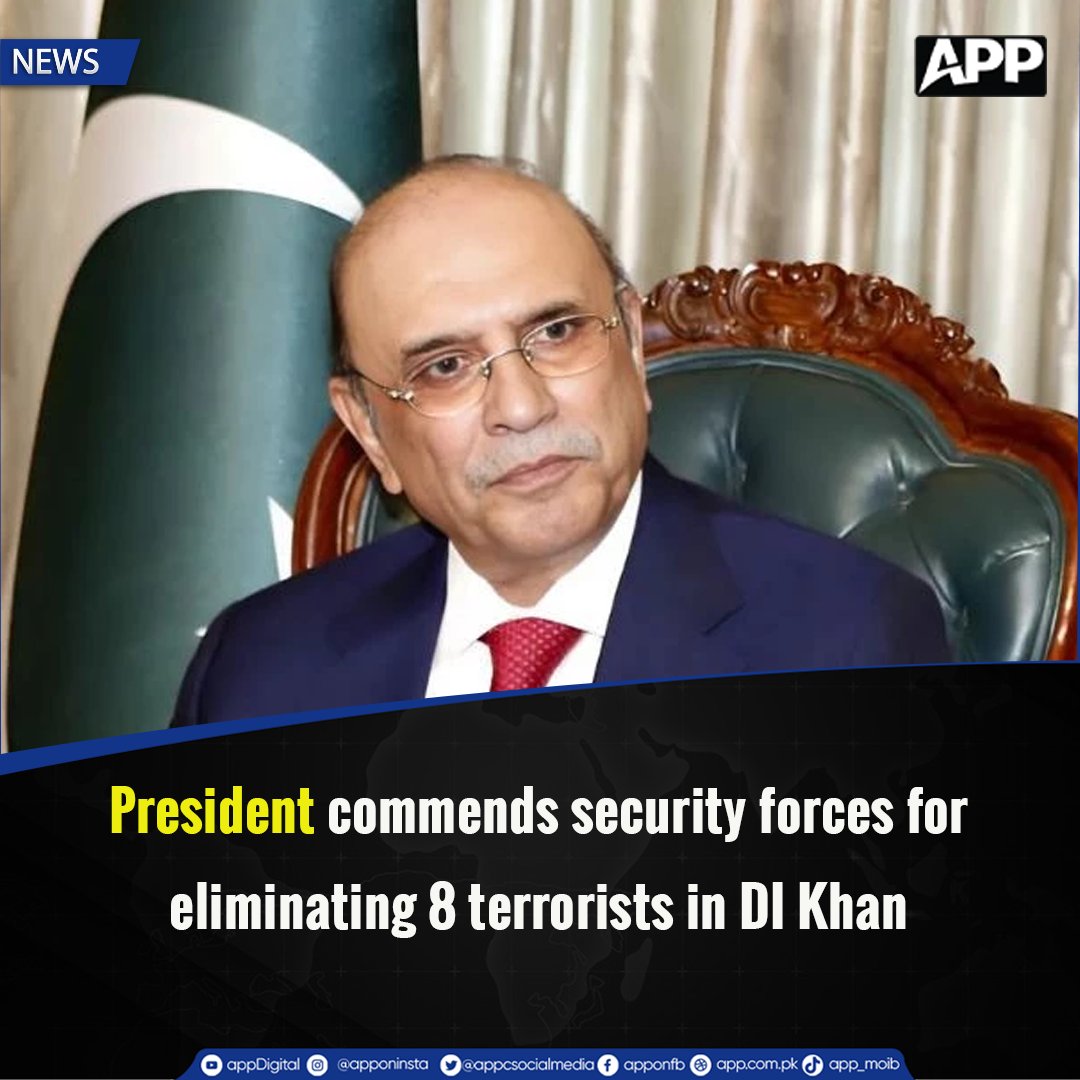 appcsocialmedia's tweet photo. President commends security forces for eliminating 8 terrorists in DI Khan
More Details: https://t.co/vWj6bFvdaJ
#PresidentZardari #SecurityForces #DIKhanOperation https://t.co/Ir9klk1NEF