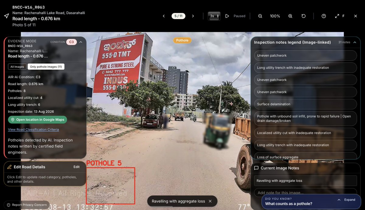 AIRAi72's tweet photo. Sir @krishnabgowda, 824 km road surveyed in Byatarayanapura division and found 6000 road defects. AIR-Ai turns road defects into mapped evidence for smarter repairs and budgets. Could we have a 15-min Google Meet to walk you through the findings? Explore our work: https://t.co/wHwPb1Bw9z