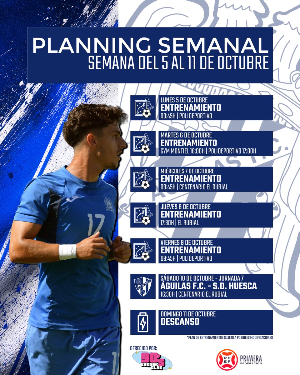 aguilas_fc's tweet photo. 𝗣𝗟𝗔𝗡𝗡𝗜𝗡𝗚 𝗦𝗘𝗠𝗔𝗡𝗔𝗟 | 𝟧 𝘈𝘓 𝟣𝟣 𝘋𝘌 𝘖𝘊𝘛𝘜𝘉𝘙𝘌

¡Así será la semana de trabajo de los nuestros! ⚽💪  

Ofrecido por 90's Burger Club 🍔

#𝐶𝑜𝑚𝑜𝐿𝑎𝑃𝑟𝑖𝑚𝑒𝑟𝑎𝑉𝑒𝑧 💙🤍 https://t.co/vxHDPDylFf