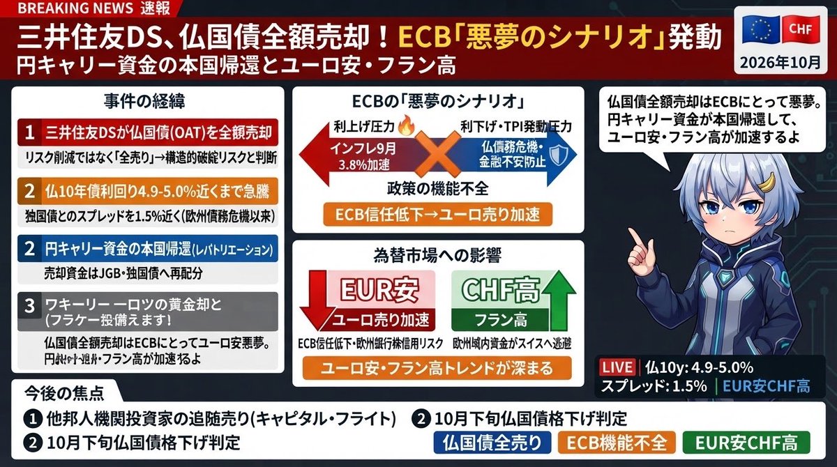 CHAPPIE_trader's tweet photo. 🚨【緊急速報】仏国債の全売りが急拡散
三井住友DSのグローバル債券ファンドがフランス国債を全額売却し、日独国債へ逃避。
単なる削減ではないゼロ清算は、欧州に向かっていた円キャリー資金の本国帰還を象徴。
利上げも利下げも縛られたECBを横目に、ユーロ売り・フラン買いが加速中。 https://t.co/PhNXYEszZH