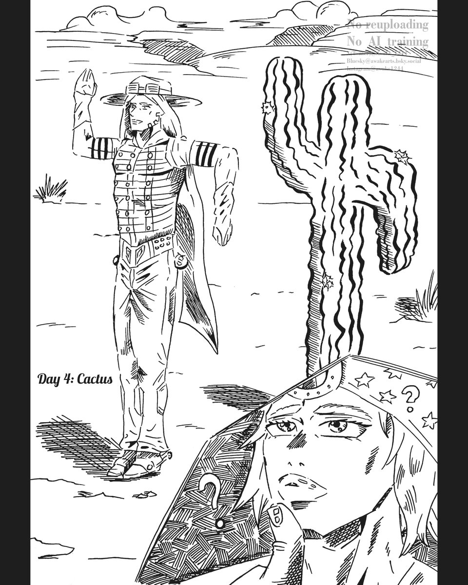Awake_1244's tweet photo. Inktober 2026, day 4: Cactus.
I very rarely delve into comedy with my art, so wasn't quite sure this was gonna work out. Confused Johnny looks kind of cute. Peace.
-A.w.a.k.e.
_
_
_
#inktober #inktober2026 #steelballrun #art #drawing https://t.co/KxJLJtOsEU