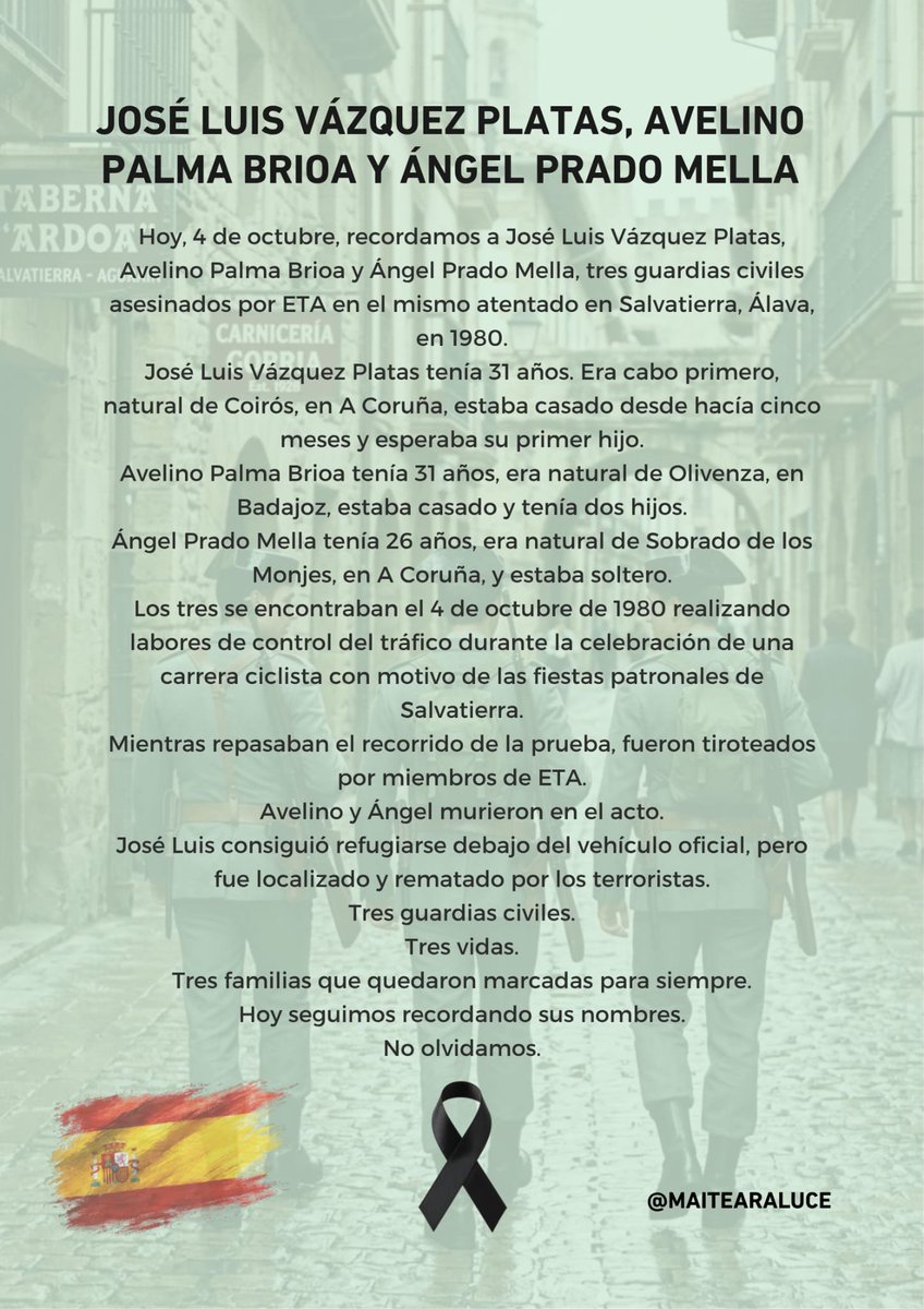 maitearaluce's tweet photo. Hoy, 4 de octubre, recordamos a Bernardino Ortega Ransanz (GRAPO), José Luis Vázquez Platas, Avelino Palma Brioa, Ángel Prado Mella a Juan Maria Araluce, 
José Mª Elícegui  Alfredo García, Antonio Palomo y Francisco Sanz , asesinados por ETA.

Sus memorias permanecen vivas. https://t.co/mcfpvkwY6F