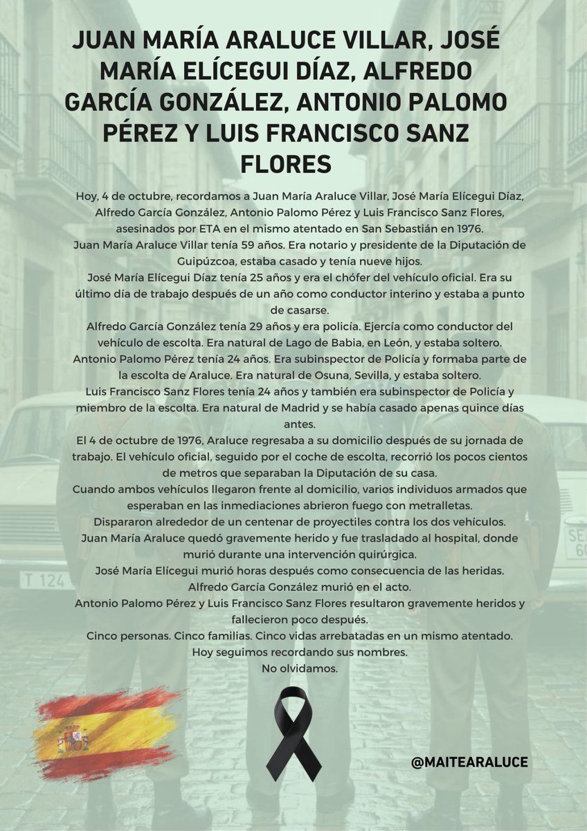 maitearaluce's tweet photo. Hoy, 4 de octubre, recordamos a Bernardino Ortega Ransanz (GRAPO), José Luis Vázquez Platas, Avelino Palma Brioa, Ángel Prado Mella a Juan Maria Araluce, 
José Mª Elícegui  Alfredo García, Antonio Palomo y Francisco Sanz , asesinados por ETA.

Sus memorias permanecen vivas. https://t.co/mcfpvkwY6F