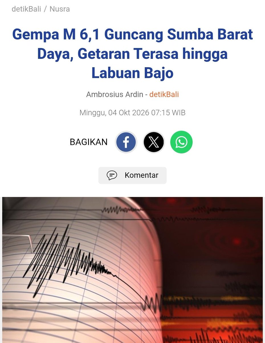 serabutannn's tweet photo. BUAT YG KETINGGALAN, PAGI TADI GEMPA M 6,1 GUNCANG SUMBA BARAT 🚨🚨
#NTTBelumPulih

📍 Sumba Barat Daya, NTT
- Minggu 4/10/26 -07.00 Wita 
- Getara terasa hingga Labuan Bajo, Manggrai Barat, Sumba Timur, dll
- BMKG melaporkan gempa bumi tersebut berada pada titik koordinat 9.70 LS,118.92 BT. Pusat gempa berada di 14 km Barat Daya Kodi, Sumba Barat Daya dengan kedalaman 10 km
- Tidak berpotensi tsunami
- Puluhan rumah mengalami rusak pada atap dan dindingnya

Stay safe semua 🥀🥀