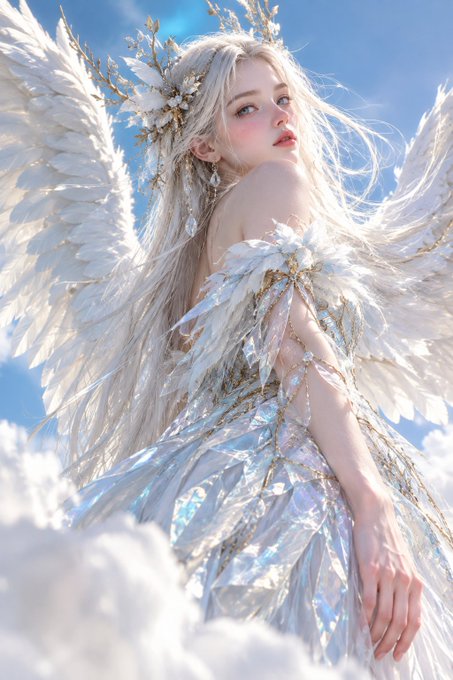 A fantasy-style portrait of a winged figure with long white hair, a golden crown, and a crystalline white dress standing among clouds.