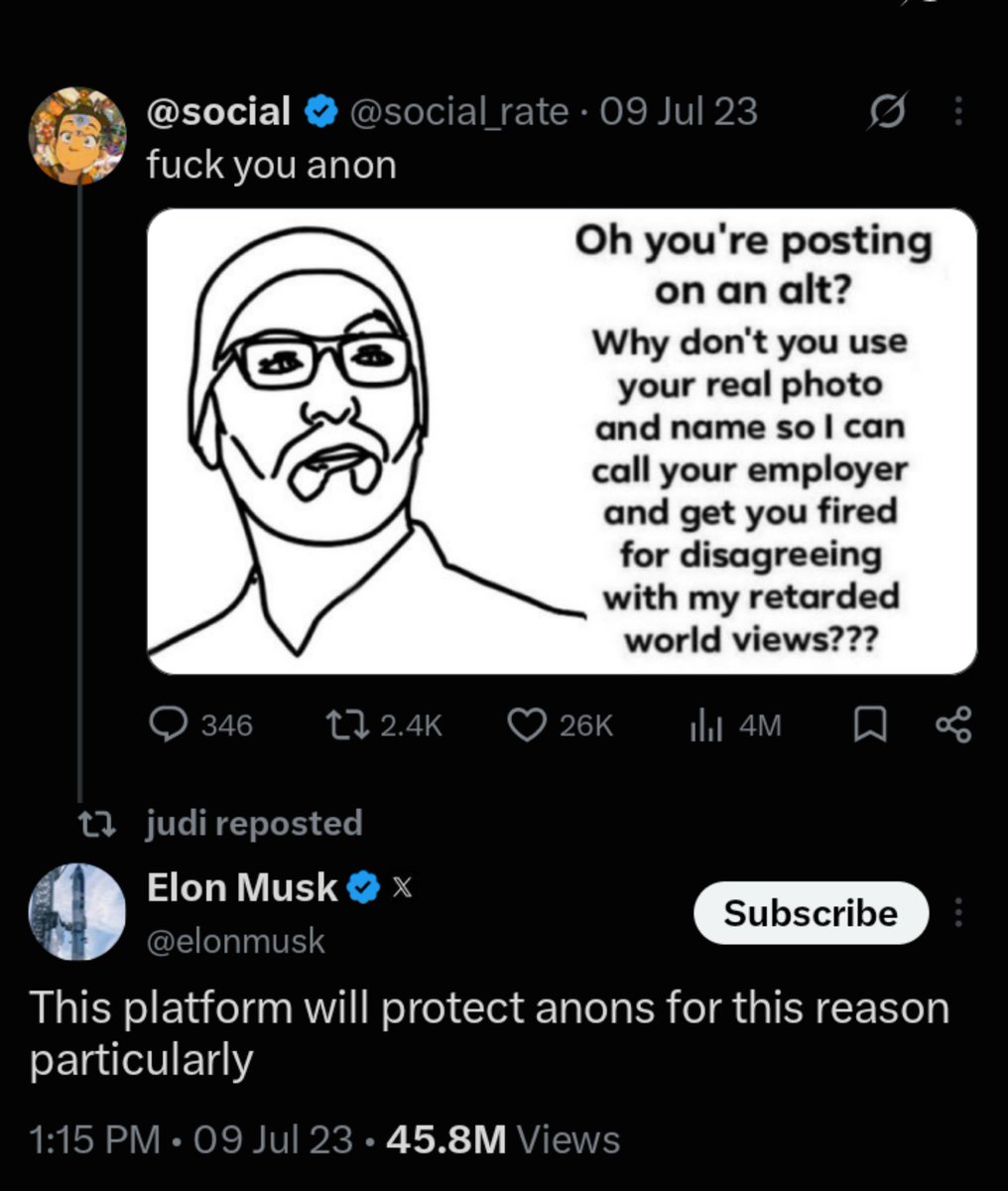 Sl33p3rR34p3r's tweet photo. Remember when Elon promised to protect Anons 🐸 https://t.co/idmMQEeKNn