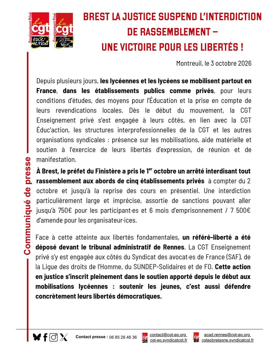 CGT_EP's tweet photo. 🔴 VICTOIRE À BREST ! La justice suspend l'arrêté préfectoral qui interdisait les rassemblements aux abords des lycées privés.

La liberté de manifester est un droit fondamental ! ✊

📣 Tous et toutes dans la rue le 6 octobre !

#CGT #6Octobre #Brest https://t.co/Jd2p8rfKpu