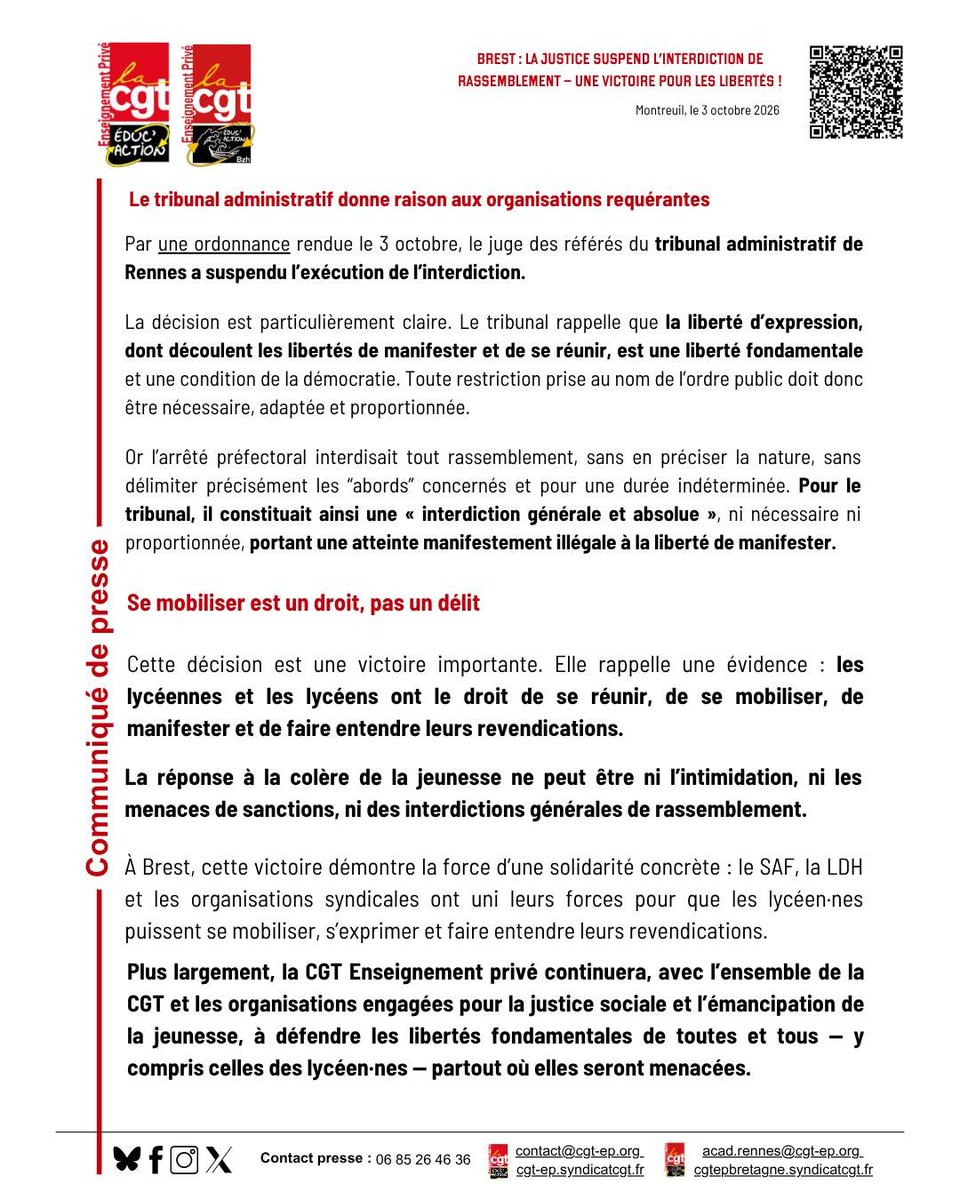CGT_EP's tweet photo. 🔴 VICTOIRE À BREST ! La justice suspend l'arrêté préfectoral qui interdisait les rassemblements aux abords des lycées privés.

La liberté de manifester est un droit fondamental ! ✊

📣 Tous et toutes dans la rue le 6 octobre !

#CGT #6Octobre #Brest https://t.co/Jd2p8rfKpu