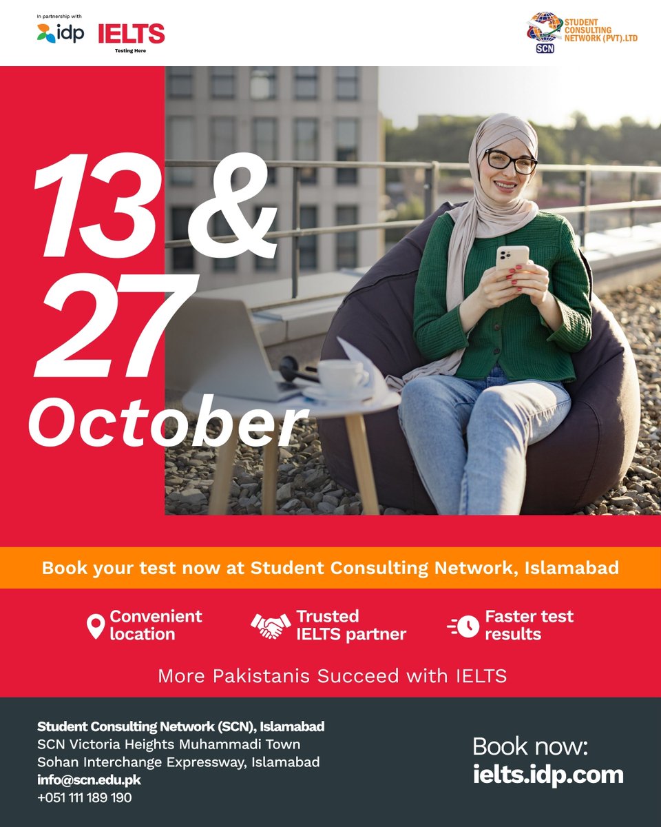 ieltsbyidppk's tweet photo. Calling all test takers in Islamabad! 📣
Now you can take your IELTS test with IDP.
Book your test now: https://t.co/dTaiF0l66w
#IDPIELTS #IDPEducation #IELTS #StudyAbroad #IELTSwithIDP #StudyinUK #StudyinAustralia https://t.co/wT0IMNxZGR