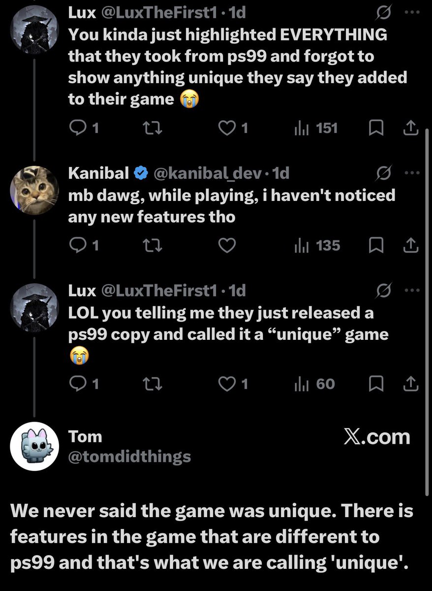 LuxTheFirst1's tweet photo. @tomdidthings @VityaTheOtter 
What exactly ARE these unique features in Pet Multiverse X?
You keep saying it has unique features but aren’t listing any 😭
The dude who made your trailer says he didn’t find anything different from ps99 🤔 https://t.co/aA8NtO7AVY