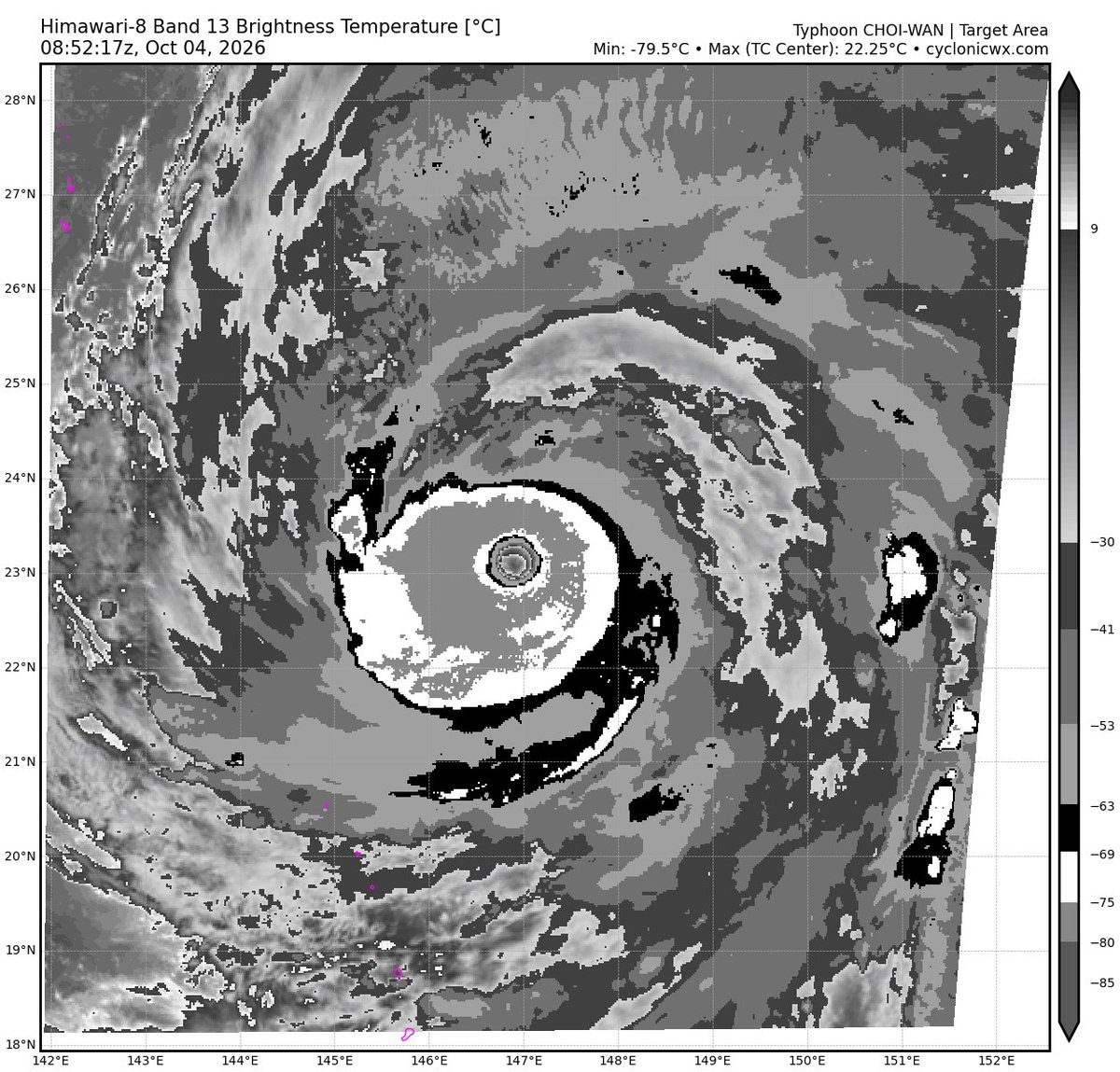 eyewallwx's tweet photo. As expected, #Typhoon #Choiwan exploded in intensity after slowly picking up steam, now sitting at comfortable 145kt. The typhoon is, again, as expected, likely to undergo an EWRC soon based on microwave imagery. Gorgeous look on visible imagery! https://t.co/3VRgR5hAue
