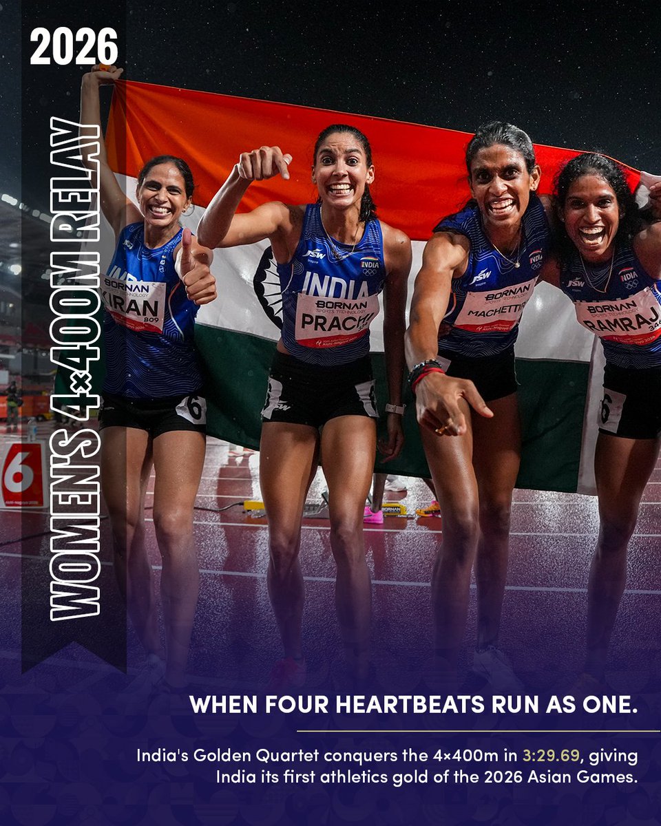 AkashvaniAIR's tweet photo. India’s golden quartet of Kiran Pahal, M. R. Poovamma, Prachi Choudhary and Vithya Ramraj delivered a historic performance at the Asian Games, clocking 3:29.69 to win gold and secure India’s first athletics gold medal of the 2026 Games.

#BharatSetsNewRecords

@Media_SAI @MIB_India