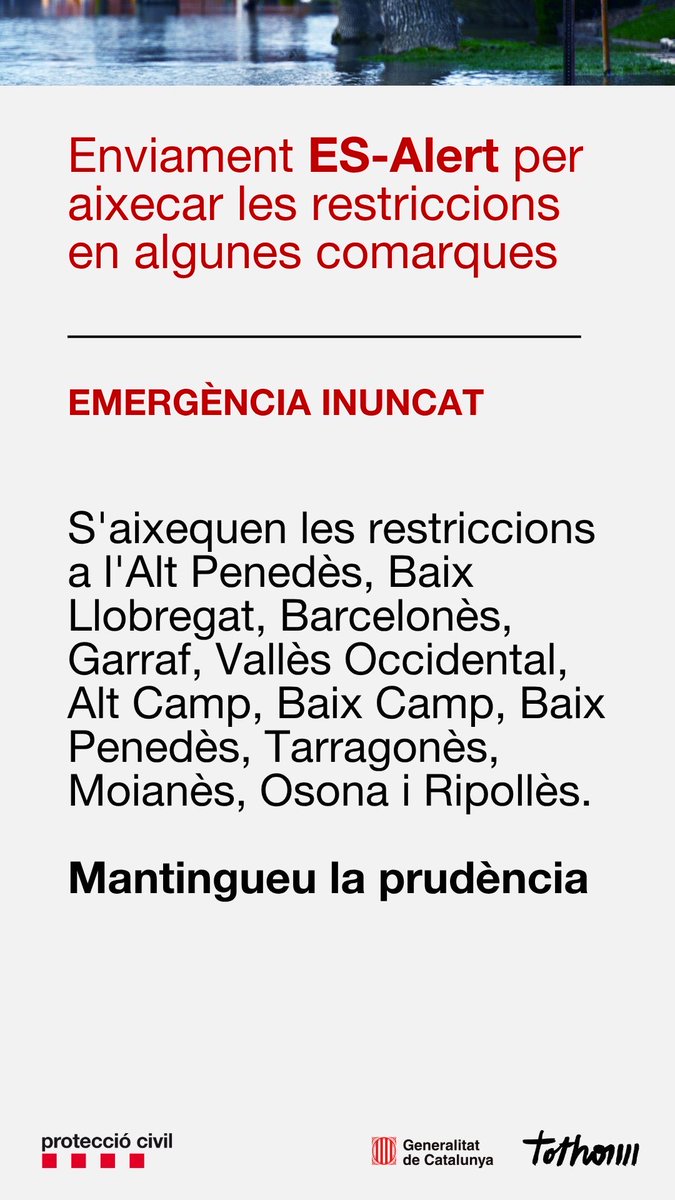 ajesplugues's tweet photo. ℹ️ Protecció Civil ha enviat ES-ALERT 📲 informant que s'aixequen les restriccions a diverses comarques, entre elles el #BaixLlobregat, per tant, a  #Esplugues

Demana de totes maneres, mantenir la prudència. https://t.co/VY4ABZqkeq