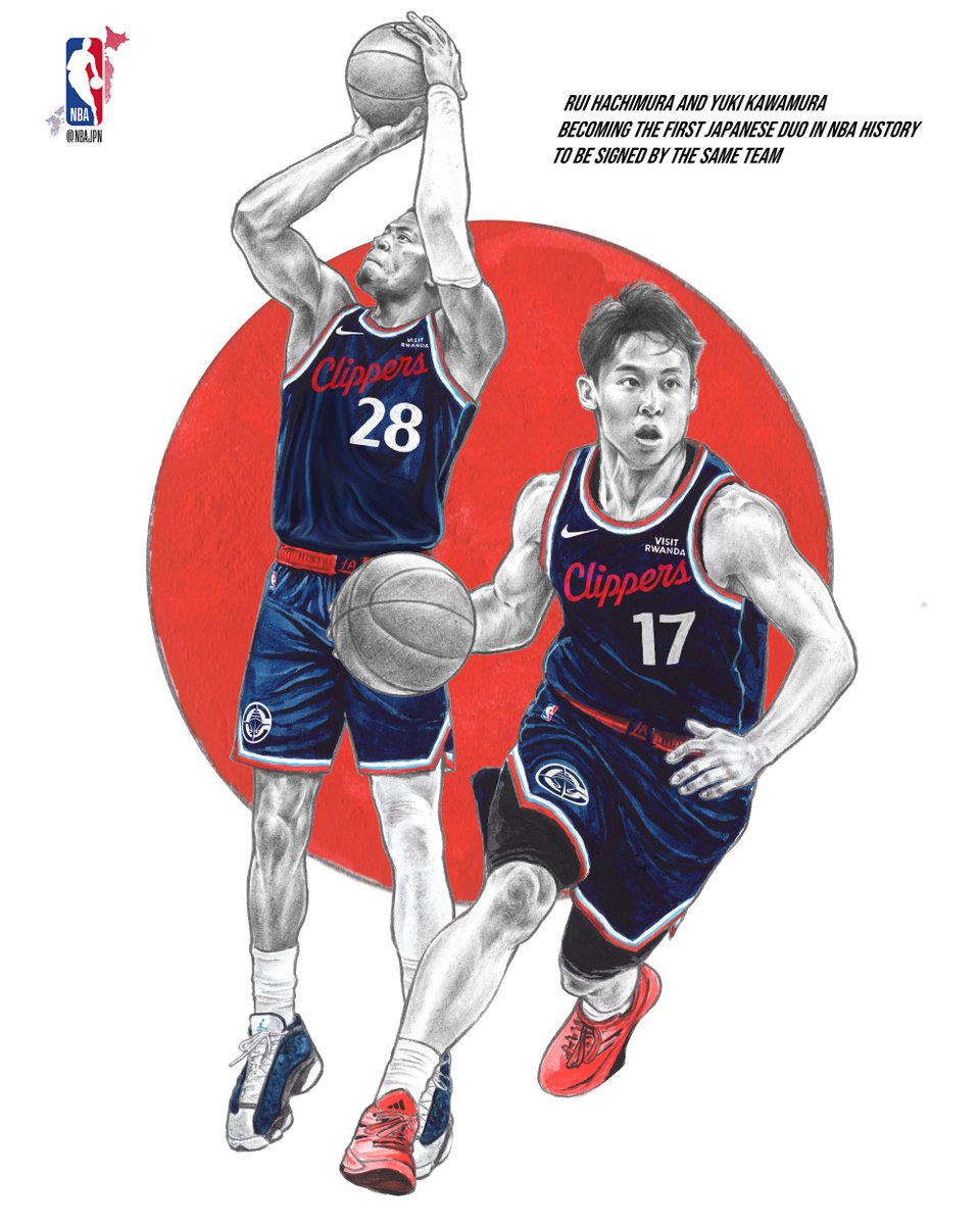 NBAJPN's tweet photo. 日本バスケ界の新章へ🏀クリッパーズで共闘🔥
八村塁、河村勇輝の2人はどんな未来を見せてくれるのか✨

クリッパーズのプレシーズンゲーム初戦は明日8:00~スタート🕗

#RuiHachimura #YukiKawamura #ClipperNation #NBAJPN https://t.co/oVkLKxHCv7