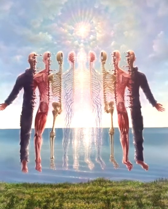 A surreal digital artwork depicting an anatomical figure with visible muscles and skeleton dissolving or emerging above a calm sea under a bright sun.