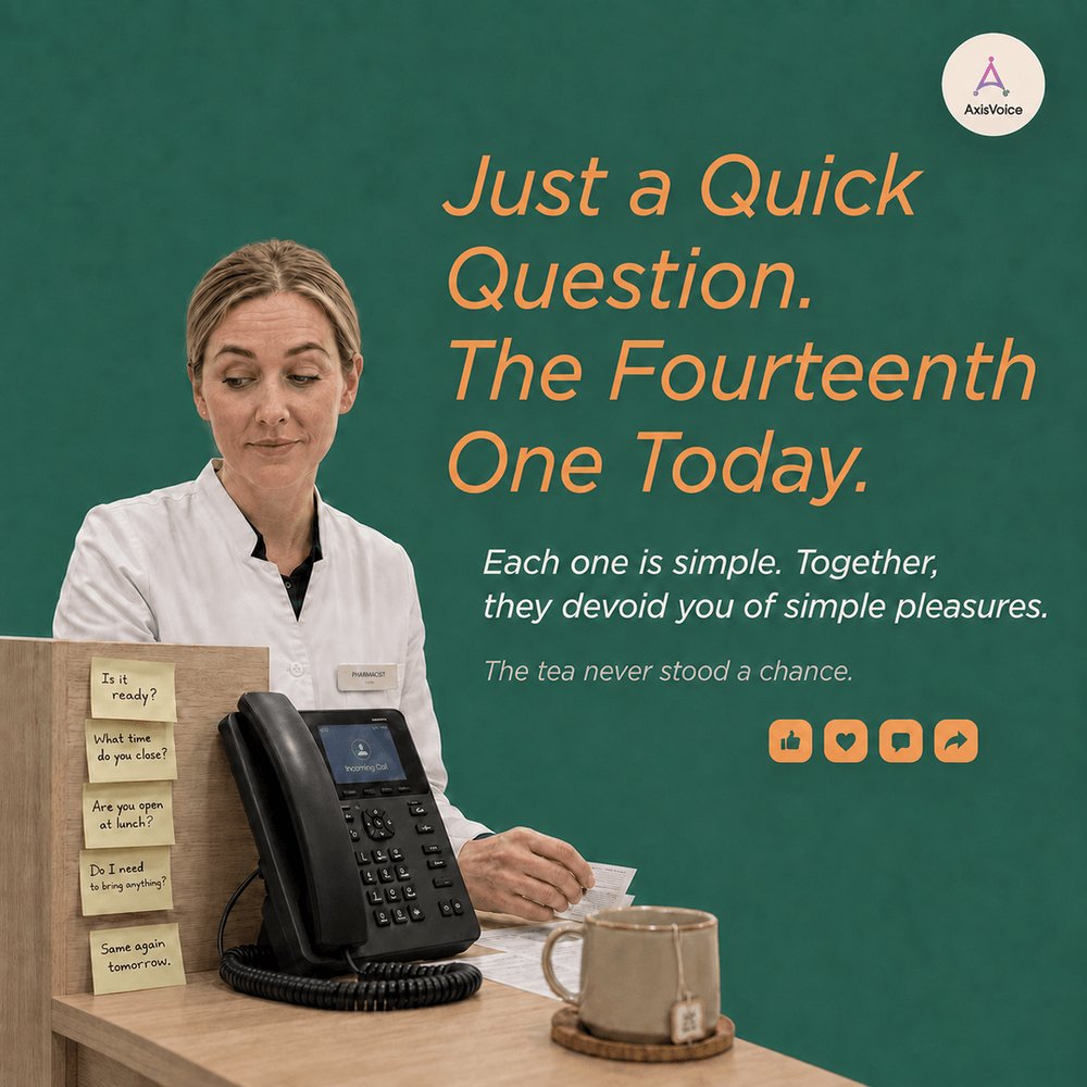 AxisVoiceAI's tweet photo. “Just a quick question” adds up fast.

AxisVoice handles the routine calls, so pharmacy teams can stay focused on patients, not interruptions.

Every call answered. Every patient heard. https://t.co/nQF77V53lr