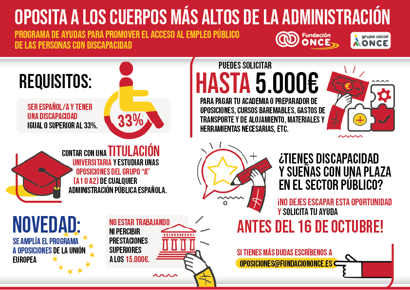 Fundacion_ONCE's tweet photo. 🚨 Abierta la convocatoria de ayudas para personas con discapacidad que preparan oposiciones del Grupo A (A1 y A2) de cualquier Administración Pública española, así como de la Unión Europea.

💰 Hasta 5.000 € de apoyo económico. 

🗓️ Solicitudes hasta el 16 de octubre. ¡No dejes pasar esta oportunidad!

🔗 https://t.co/O7HJVQAihh

#EmpleoPúblico #Oposiciones #InclusiónLaboral #FundaciónONCE