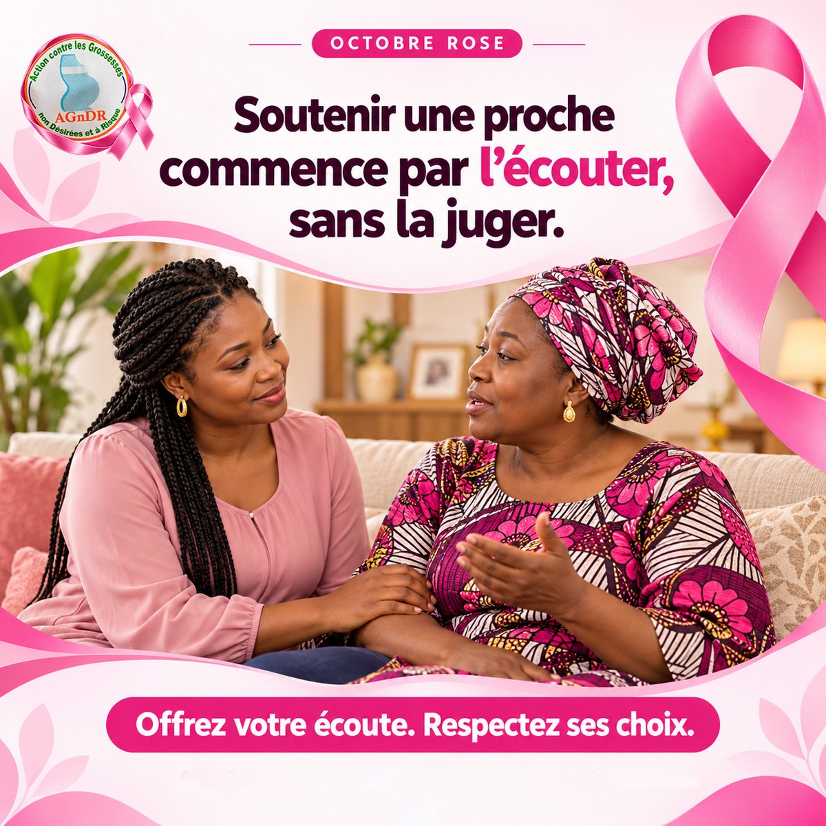 CoalitionAgndr's tweet photo. 4 octobre
Soutenir une proche commence par l’écouter, sans la juger.
#octobrerose #cancerdusein #AGnDR #amplifychange https://t.co/OwvufGfYu1