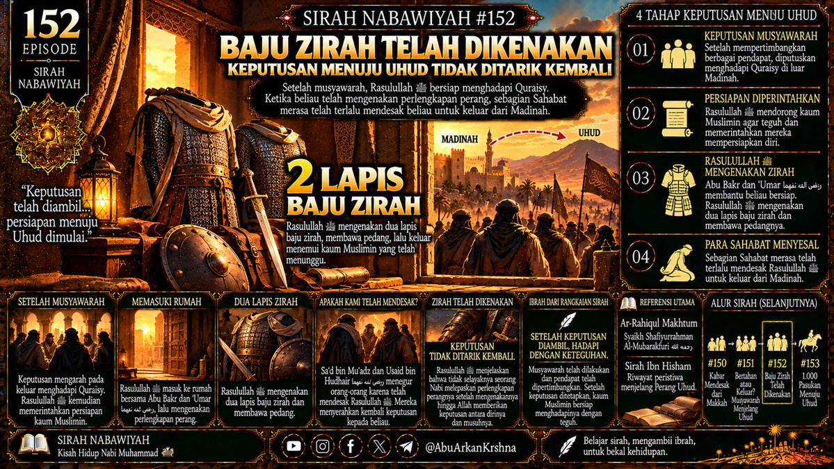 krshnasulanjana's tweet photo. 🕌 SIRAH #152

🛡️ Dua lapis baju zirah telah dikenakan.

Sebagian Sahabat merasa telah terlalu mendesak Rasulullah ﷺ untuk keluar dari Madinah.

Namun keputusan telah diambil.

⚔️ Kini pasukan bersiap menuju Uhud…

➡️ #153

#SirahNabawiyah #AbuArkanKrshna https://t.co/NiVkbdaAfx