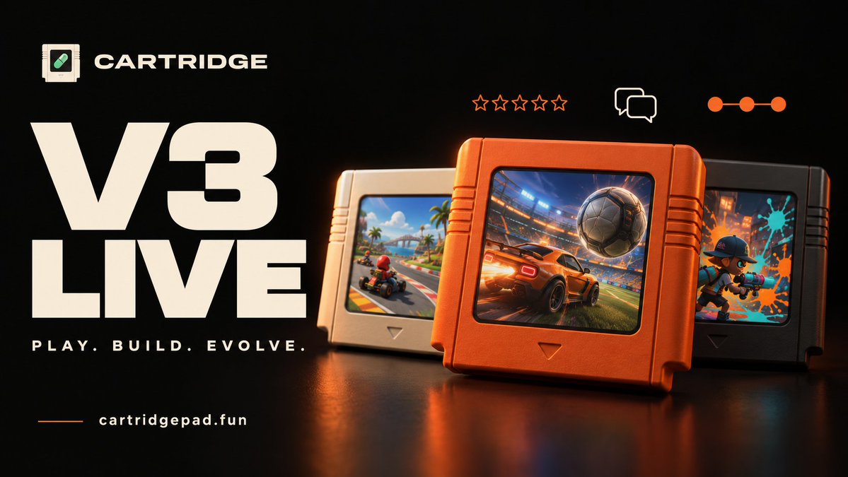 cartridgefun's tweet photo. Cartridge V3 is live.

A major upgrade across the arcade: gameplay previews, a unified Live feed, daily challenges, player profiles, seasons and shareable records.

Every game gets a Game Director with visible development goals, agent testing and before-and-after updates. Community suggestions move from proposal to playable feature, with notifications when they ship.

We’ve also added clearer reward payment tracking and per-game contributions to Cartridge. More games can now keep evolving with our AI agents after launch.

Play without a wallet. Connect to compete. Help shape what comes next.

https://t.co/hZvNGIbYbH