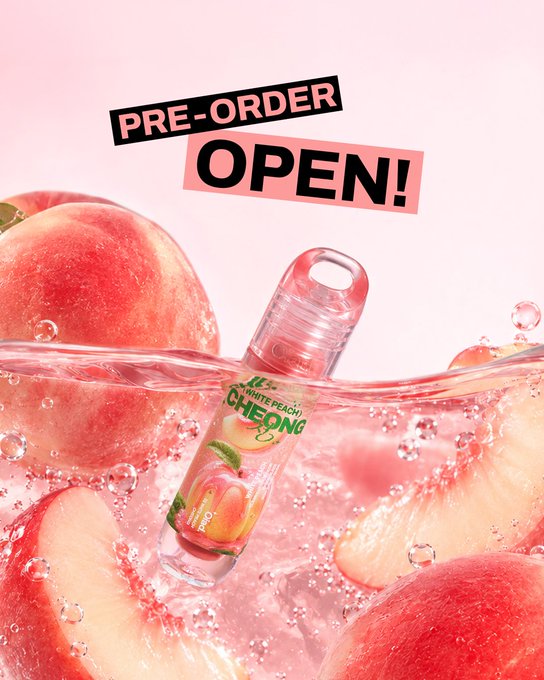 A product advertisement for 'WHITE PEACH CHEONG' showing a bottle of the peach syrup splashing into water with peach slices and ice cubes, with 'PRE-ORDER OPEN!' text in pink boxes at the top.