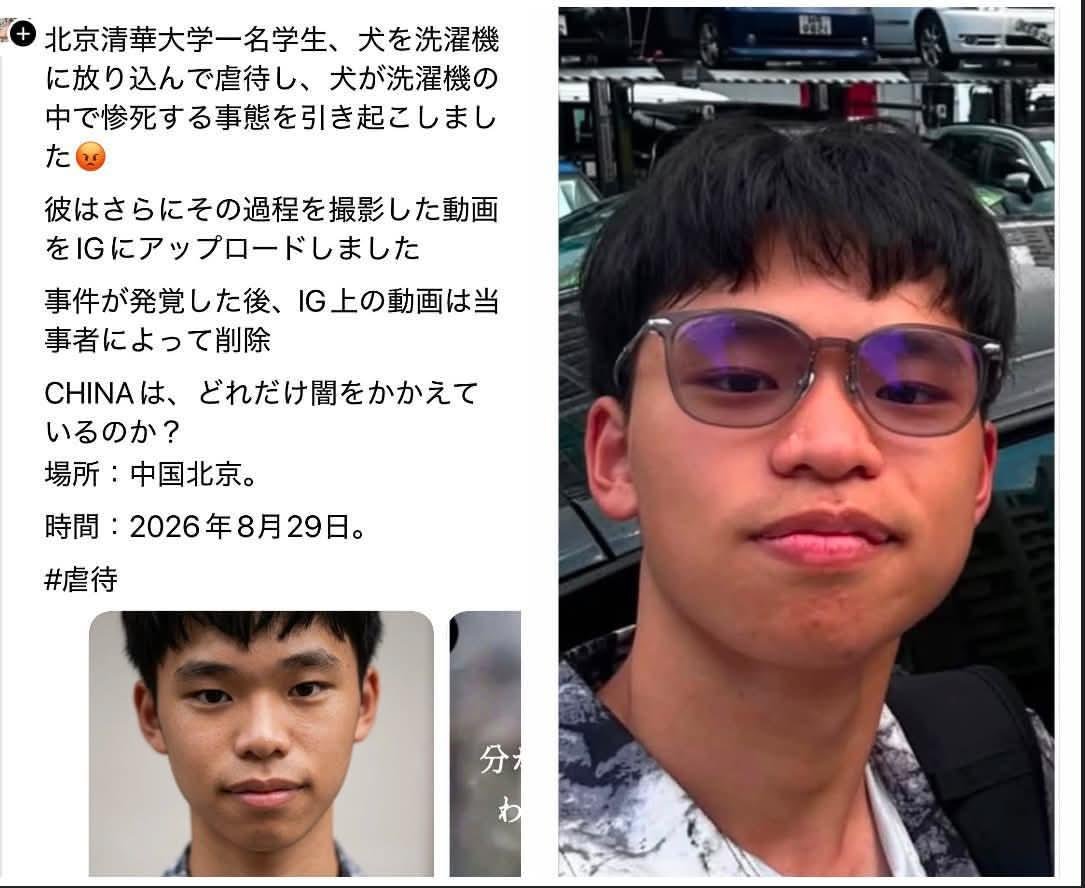 kuufuku184's tweet photo. 【こいつも忘れるな】
犬を洗濯機に入れて惨死させたC国の大学生
絶命までの様子を動画撮影しアップロードしたが動画は現在削除されてるとのこと
※Threadsより
#JusticeForWangWang 
#中国は動物愛護法の制定を
#動物拷問虐待ビジネス根絶
#APEC2026 https://t.co/jkpfIDPAmB