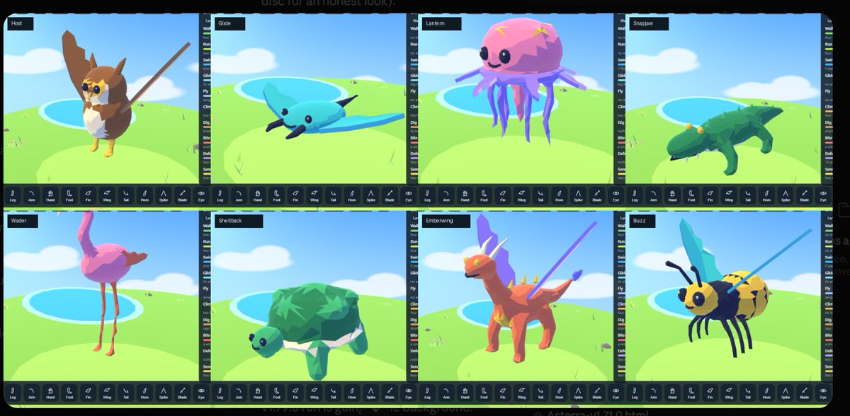 AsterraGame's tweet photo. Grab it. Stretch it. Reshape it. Grow it in the world.
The goal isn’t a menu-heavy asset editor. I want creating things in Asterra to feel like playing with clay.
And this is where it gets fun: these creature sheets are already showing the kind of variety Asterra can produce. Bugs, bipeds, quadrupeds, flyers, shell creatures, weird alien nonsense...
Eventually, the same Clay system should let you shape all of them too.
Plants are just the beginning. 
#Asterra #IndieGame #GameDev #ProceduralGeneration