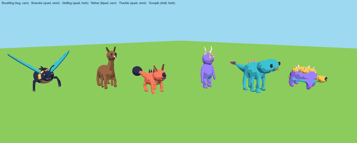 AsterraGame's tweet photo. Grab it. Stretch it. Reshape it. Grow it in the world.
The goal isn’t a menu-heavy asset editor. I want creating things in Asterra to feel like playing with clay.
And this is where it gets fun: these creature sheets are already showing the kind of variety Asterra can produce. Bugs, bipeds, quadrupeds, flyers, shell creatures, weird alien nonsense...
Eventually, the same Clay system should let you shape all of them too.
Plants are just the beginning. 
#Asterra #IndieGame #GameDev #ProceduralGeneration
