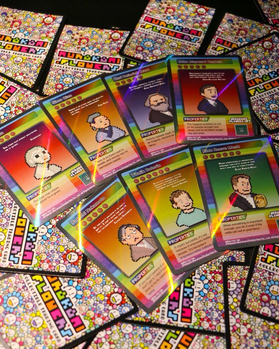 MFTMKKUS's tweet photo. 🌸 Now Available as Hometown tax donation Return Items 🌸

Various Murakami․Flowers trading cards are now available as Hometown tax donation return items on various Hometown tax donation websites!

We offer a collection of colorful flowers, including the "Murakami․Flowers NFT Limited Edition," which features cards of 108 dot art designs that served as the roots for "108 Flowers" released in 2024.

The rare cards feature seven great historical figures who influenced the development of money, economy, and blockchain, ranging from the "Sumerians," who are said to have devised the oldest number system in human history, to "Satoshi Nakamoto," who influenced the development of crypto assets.

Please find your favorite card.

----

🌸ふるさと納税の返礼品として受付中🌸

Murakami․Flowersのトレーディングカード各種が、ふるさと納税返礼品として、各ふるさと納税サイトにて受付中です！

2024年リリースの「108 Flowers」のルーツにあたる108種のドット絵をカード化した「Murakami․Flowers NFT Limited Edition」をはじめ、カラフルなお花たちのコレクションをご用意しています。

レアカードには、人類史上最古の数体系を考案したと言われる「シュメール人」から、暗号資産の発展に影響を与えた「サトシ・ナカモト」まで、お金や経済、ブロックチェーンの発展に影響を与えた7人の偉人たちが登場。

あなたのお気に入りの一枚を見つけてください。

返礼品詳細
・Murakami. Flowers Collectible Trading Card - Murakami․Flowers NFT Limited Edition(BOX)

https://t.co/IRuHOWjcl4