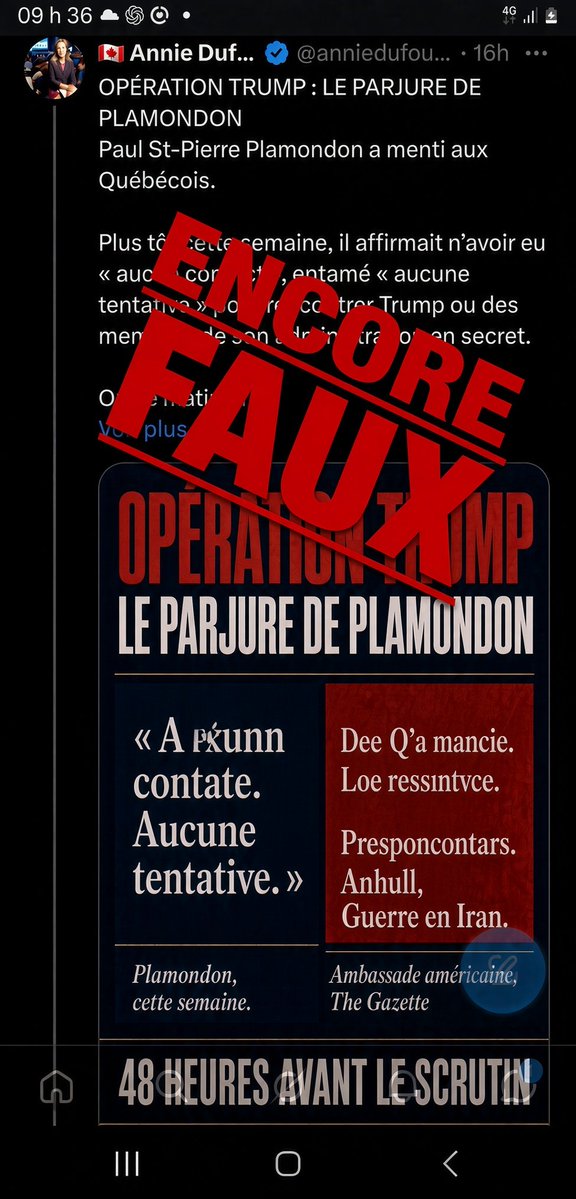 DoLeroux's tweet photo. Operation Trump: comme la l'histoire de la fausse ingérance montée par Fréchette, toute cette histoire démarrée hier lancée à 48heures du vote par La Gazette, relayée par Duhaime et un paquet de comptes Anti-PQ  pour vous désinformer est encore fausse. Cette fausseté a aussi déclenchée des tas de Québec bashing venant du Canada sur le web.

La verité date déjà de 9 mois!! En janvier 2026 le Parti Québécois a annoncé publiquement,comme plusieurs médias l'on rapporté, vouloir effectuer une tournée aux États-Unis y rencontrer médias, acteurs economiques et politique. Comme il l'a fait avant en Europe. Comme l'éthique le veut, le Parti Québécois a informé le consulat des États-Unis au Québec,  qui est ici depuis 1834 et avec lequel les politiciens Québécois parlent et échangent normalement depuis 192 ans!

Le consulat a comme il se doit informé le gouvernement des États-Unis de ce projet comme l' a confirmée hier l'ambassade des États-Unis au Canada. Mais la visite a ensuite été annulée sans que le Parti Québécois n'ait été jamais encore en contact avec le gouvernement américain,seulement le consulat. Pas de de demande de rencontre directe, pas de mensonges du PQ, pas de parjures, rien de ça. Toutes ces allégations contraires sont FAUSSES!

Assez après le coup à Fréchette, le meeting des pdgs libéraux vendredi, cette fausse affaire de la Gazette, et bien encore avant, assez!  On reste debout Québécois! Et on y va demain pour un Parti Québécois majoritaire. En avant!
#polqc