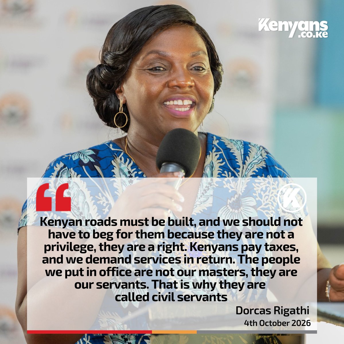 Kenyans's tweet photo. Kenyan roads must be built, and we should not have to beg for them because they are not a privilege, they are a right - Pastor Dorcas https://t.co/A0l0A0xBrk